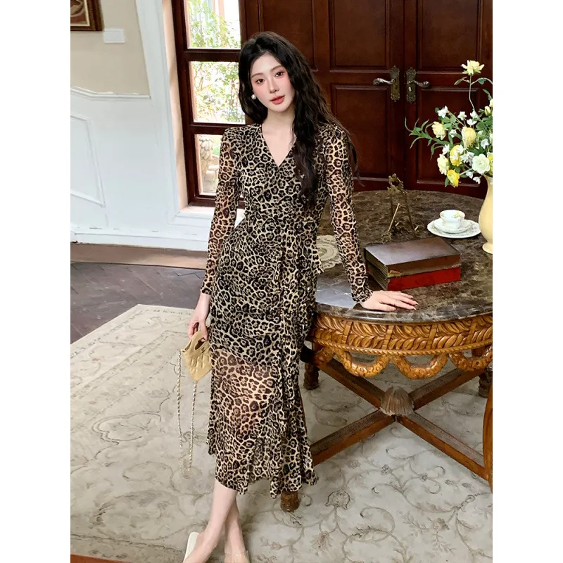 Autumn New Fashion Women's Waist-tie Dress - Leopard Print