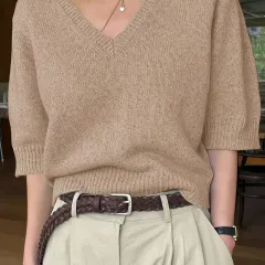 Women's Pure Color All-matching Elegant V-neck Knitted Sweater - Khaki - View 1