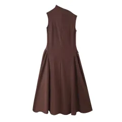 Sleeveless Elegant Midi Skirt Dress - Brown - View 1