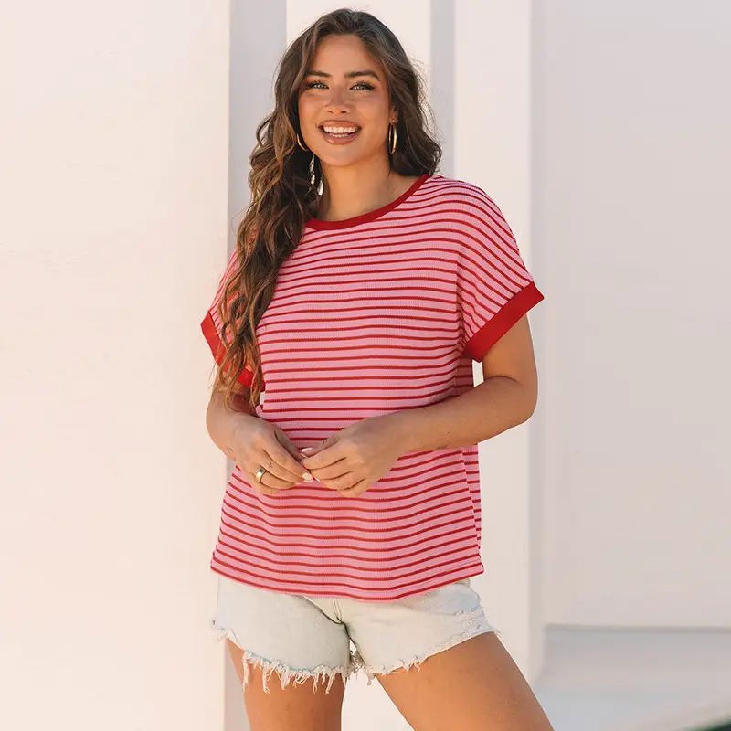 Women's Loose Striped Knitted Short-sleeved T-shirt
