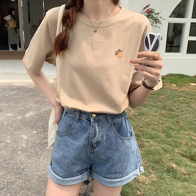 Women's Cotton Orange Embroidered Short sleeved T shirt New Khaki - Shop at LoveMi