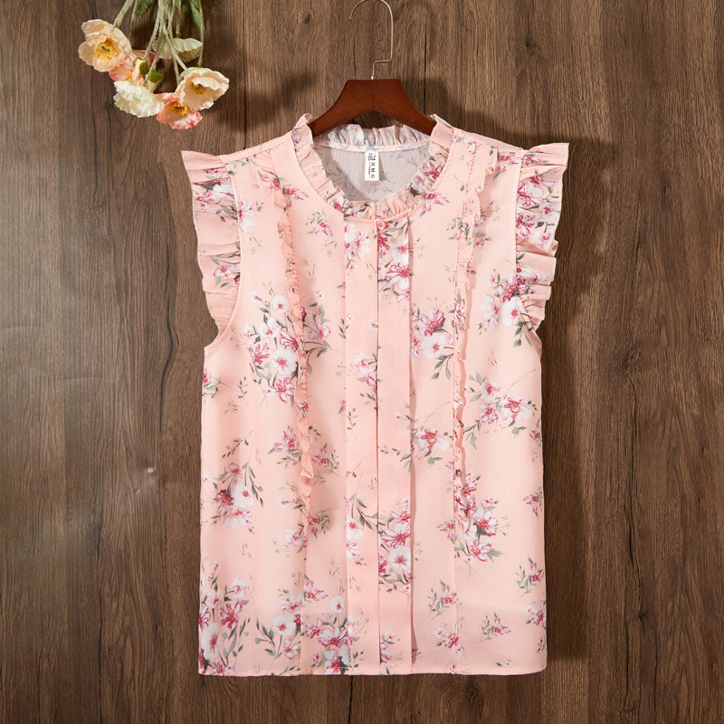 Sleeveless Ruffled Floral Women's Loose Sweet Chiffon Printed Top No 1 Color - Shop at LoveMi