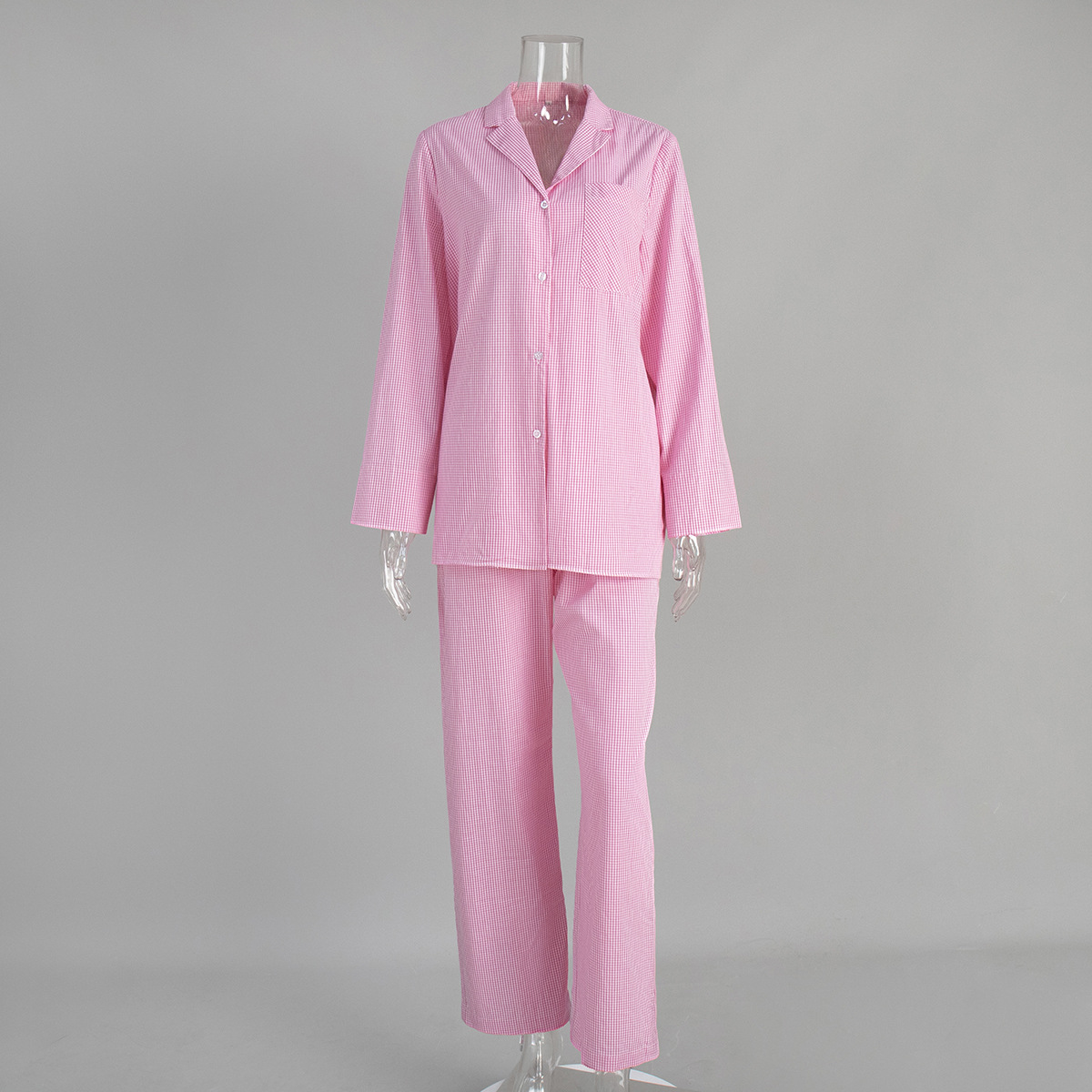 Grid Long Sleeve Long Pants Pajama Set Homewear For Women - Image 4