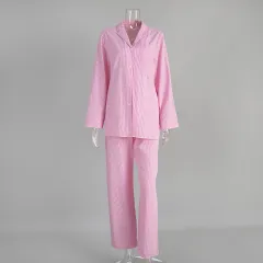 Grid Long Sleeve Long Pants Pajama Set Homewear For Women - Pink - View 1