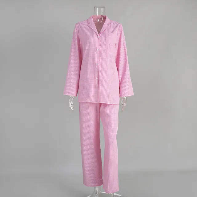 Grid Long Sleeve Long Pants Pajama Set Homewear For Women Pink - Shop at LoveMi
