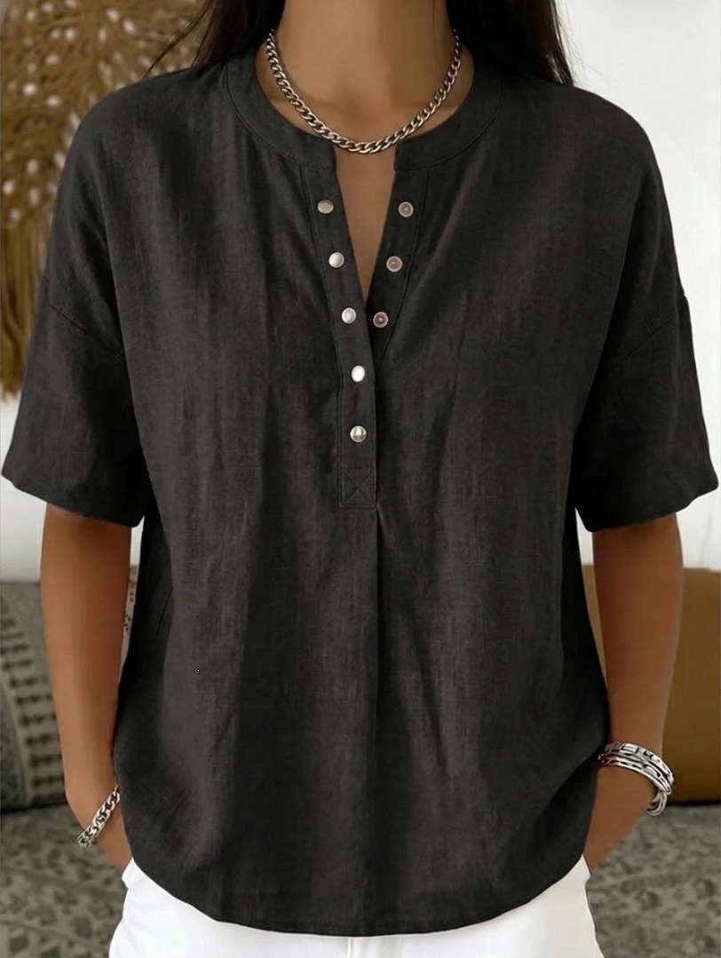 Women's solid color pullover top in khaki, side view showing regular length and loose silhouette