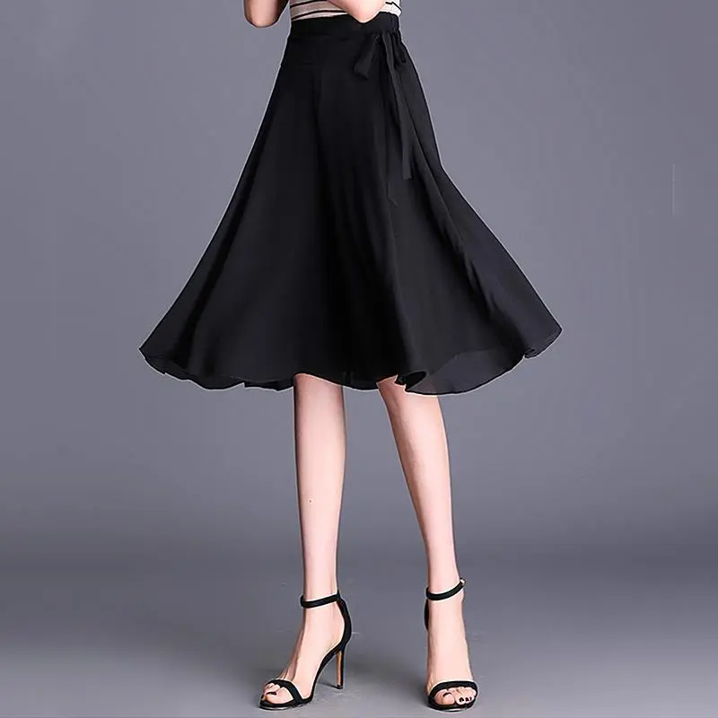 Loose Wide Leg High Waist Printed Chiffon Pantskirt - Black