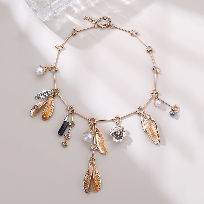 Vintage Pearl Leaves Flower Multi-pendant Necklace