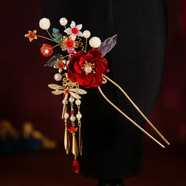 Red Velvet Flower Edge Clip Full Set Festive Flower Clip Resin Red Alloy - Shop at LoveMi