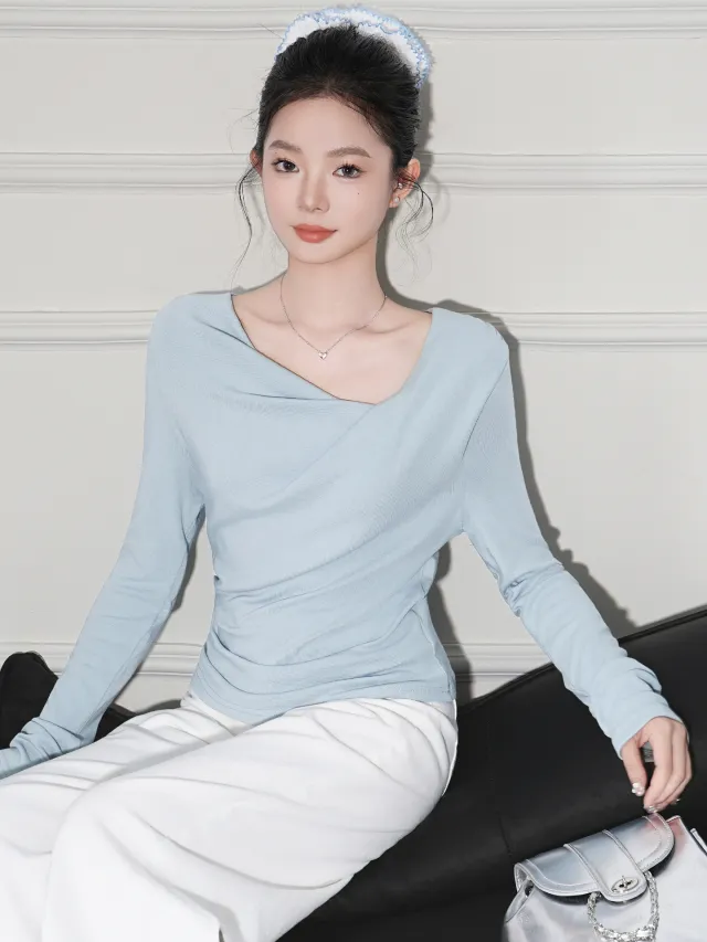 Solid Color Off shoulder Cashmere Long sleeve Top Light Blue - Shop at LoveMi