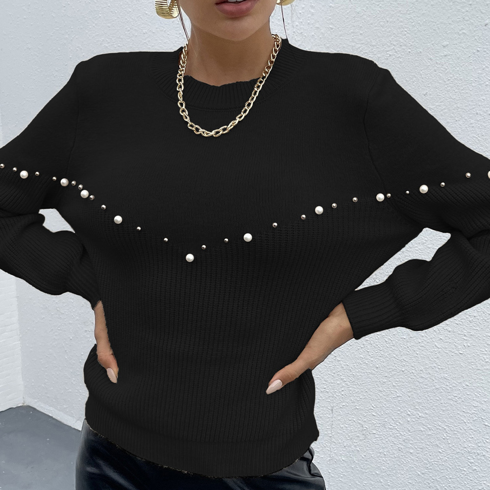 Women's Round Neck Pullover Solid Color Beading Slim Knit Sweater Black - Shop at LoveMi