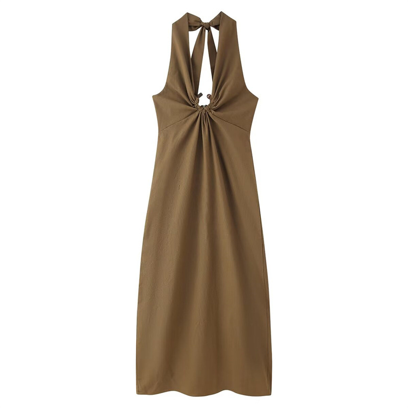 Linen Blended Buckle Decoration Midi Skirt Halter Dress - Shop at LoveMi