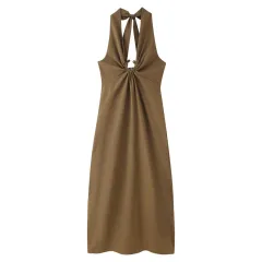 Linen Blended Buckle Decoration Midi Skirt Halter Dress - View 1