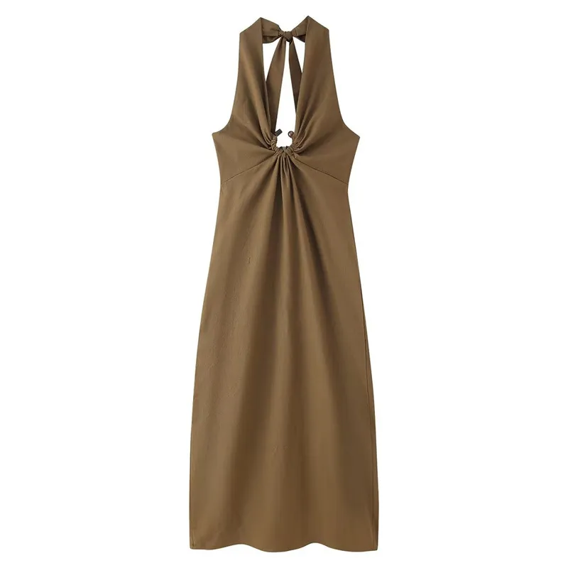 Linen Blended Buckle Decoration Midi Skirt Halter Dress - Picture Color-M