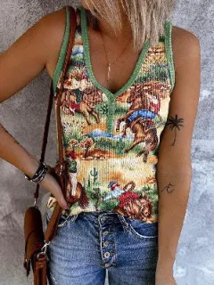 Women's Clothing Abstract Printing Casual V-neck Women's Sleeveless Vest - Kkwving181174Tte-M - View 1