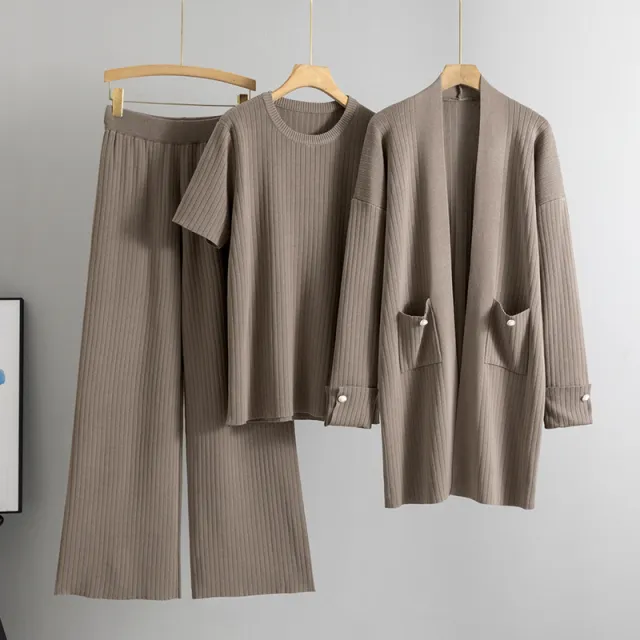 Elegant Knitted Mid length Cardigan Coat Wide Leg Pants Three piece Set Camel - Shop at LoveMi
