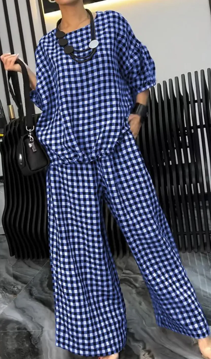 Women's Top Wide Leg Pants Suit - Blue