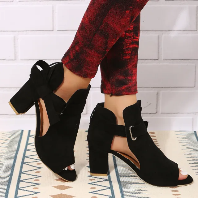 Foreign Trade Buckle Bow Chunky Heel High Heel Sandals Black - Shop at LoveMi