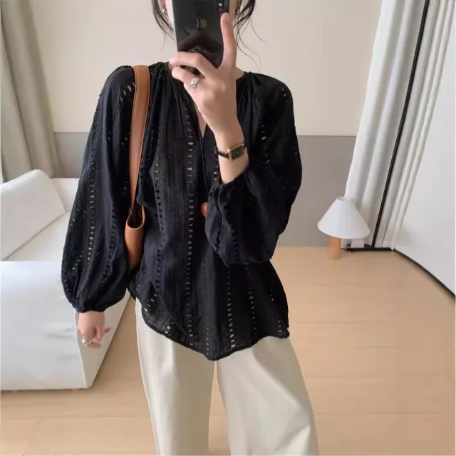 Simple V neck Embroidered Jacquard Hollow out Lazy Versatile Women's Long sleeved Shirt Black - Shop at LoveMi
