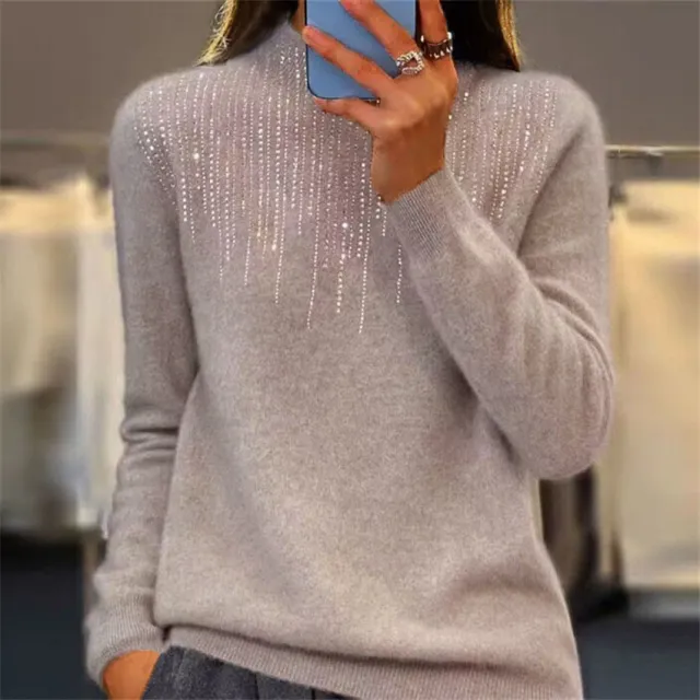 Women's Pullover Sweater Half high Collar With Diamonds Camel - Shop at LoveMi