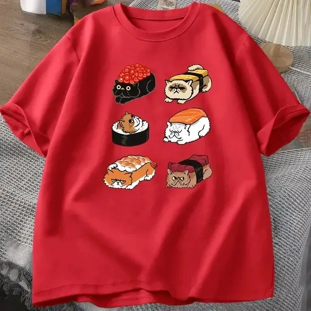 Kawaii Cute Cat Sushi T-shirt For Summer