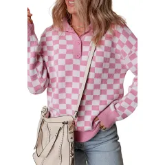 Chessboard Plaid Three-button Top Inner Fashion Loose Bottoming Shirt For Women - Pink - View 1