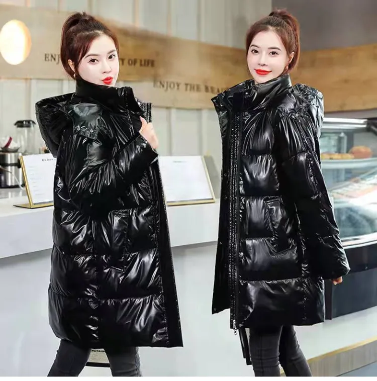 Womens Mid-Length Plus-Size Loose Cotton Padded Jacket In Korean Style - Black