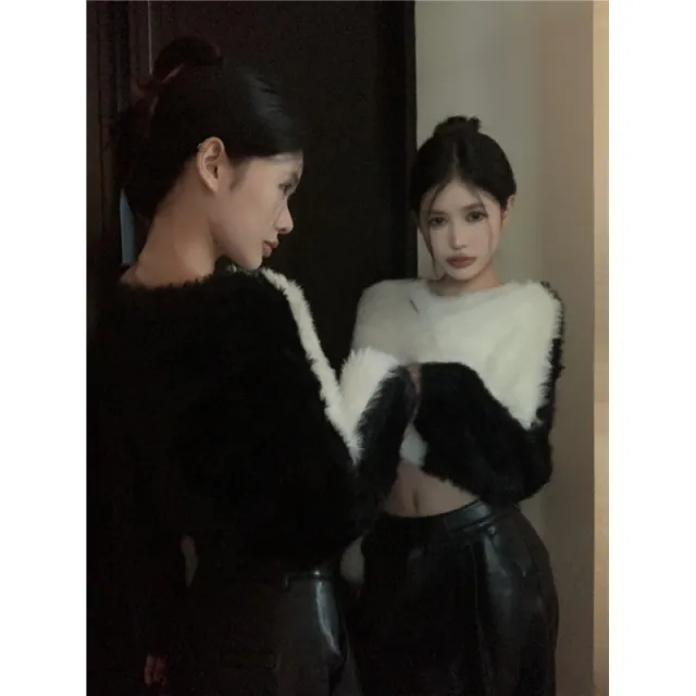 Women's Autumn And Winter V neck Mink Fur Short Sweater Black - Shop at LoveMi