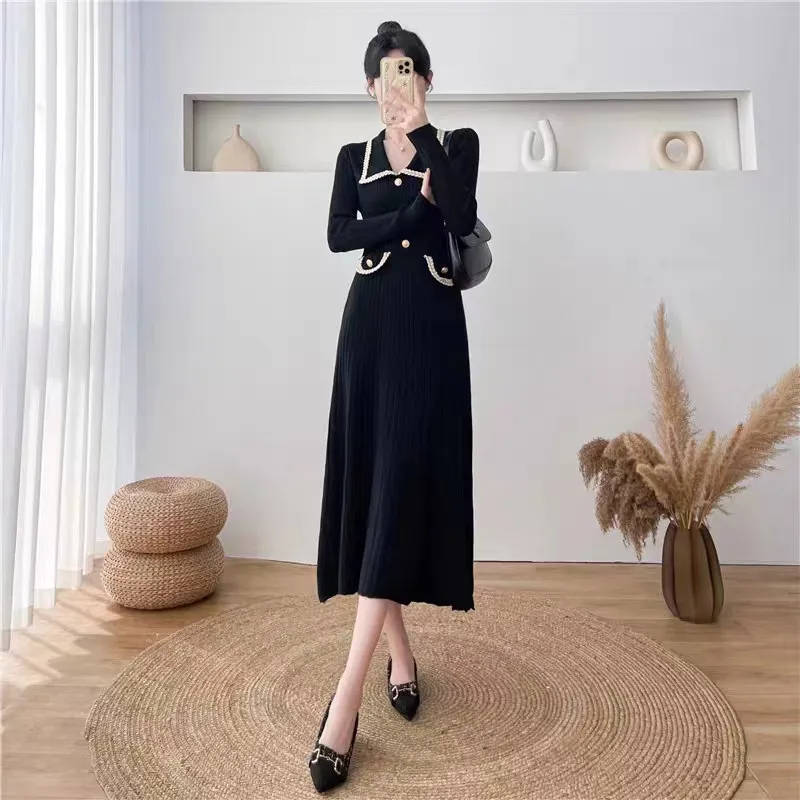 Fashion High-waist Mid-length Knit Sweater Dress - Black
