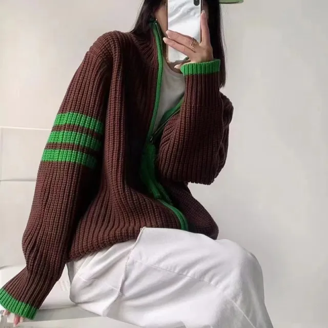 Contrast Color Striped Stitching Zipped Stand Collar Sweater Coat Brown - Shop at LoveMi
