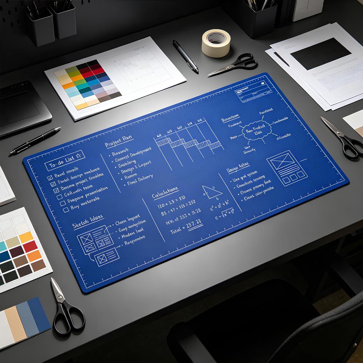 Blueprint desk mat on a dark desk with a to-do list and sketches written on it