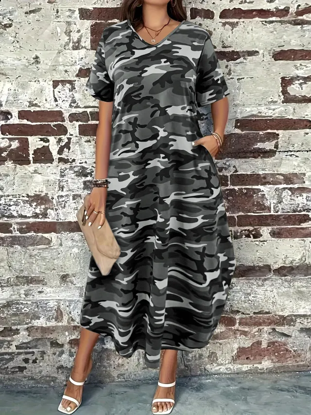 Camouflage Print Dress Women's Comfortable Casual Gray - Shop at LoveMi