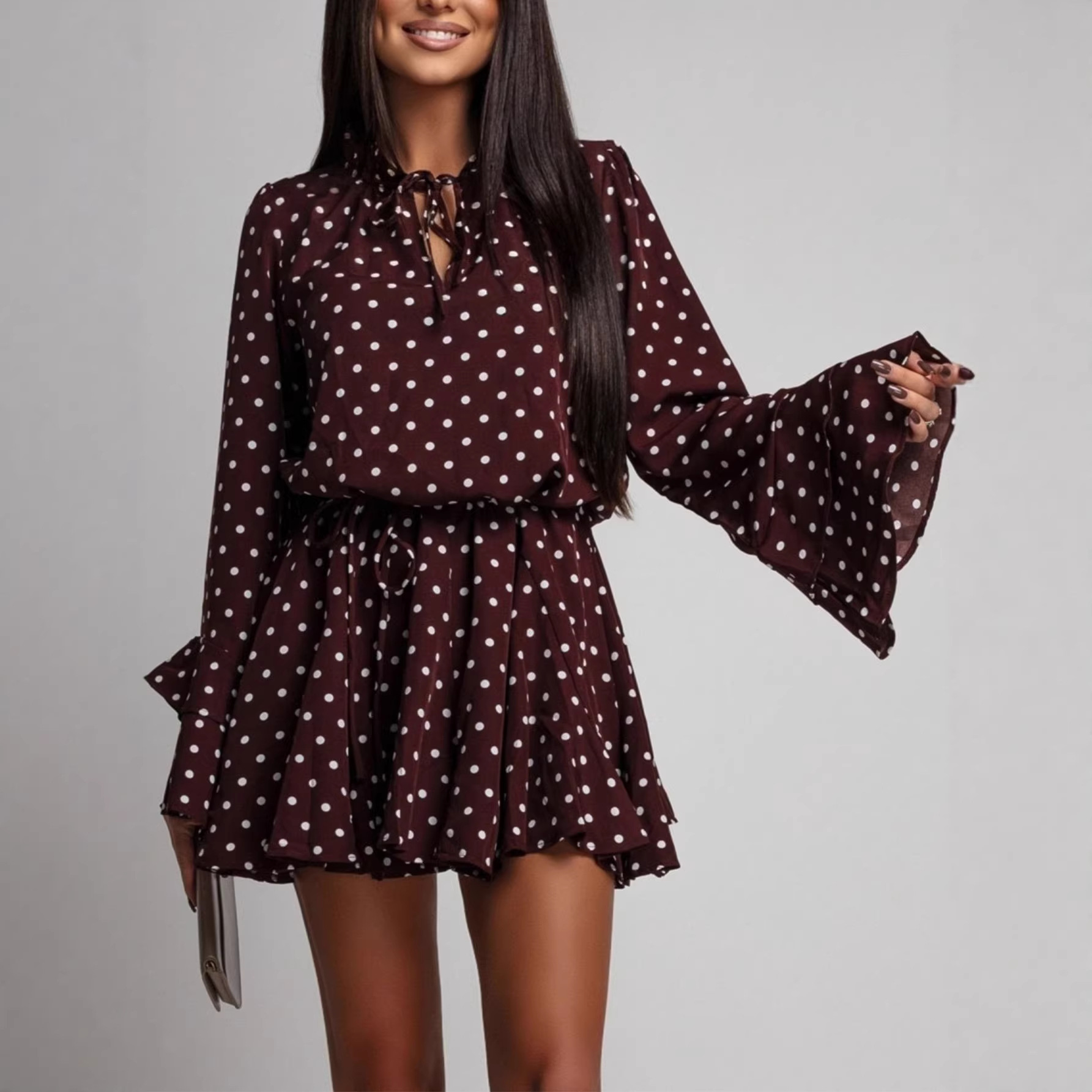 Fashionable And Sweet Polka-Dot V-Neck Long-Sleeve Womens Dress