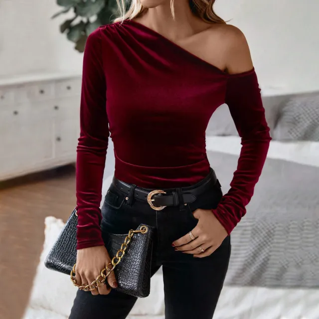 Autumn And Winter New Women's Sexy Off shoulder Oblique Neck Slim Velvet Long Sleeve Solid Color Party Top Wine Red - Shop at LoveMi