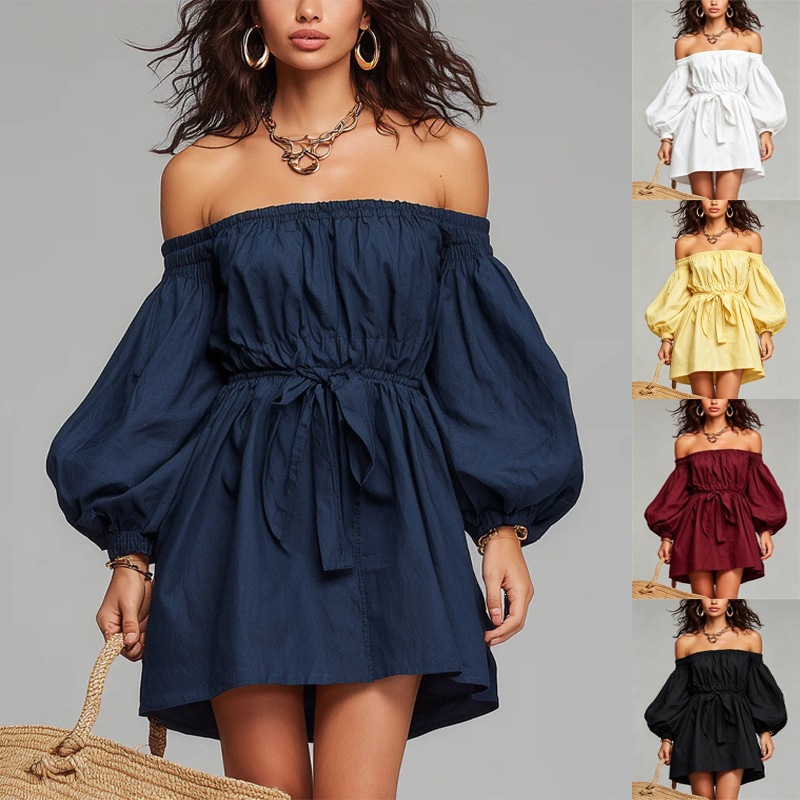 Off-the-shoulder Puff-sleeve Belted Waist Loose-fitting Dress