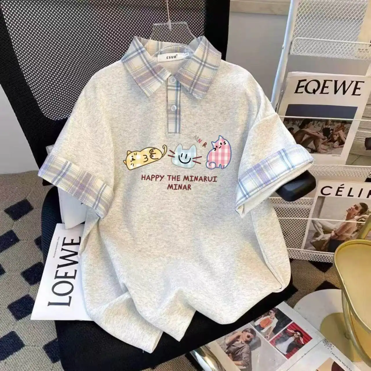 Cute Three-cat Letter Print Short-sleeved Plaid Loose-fit