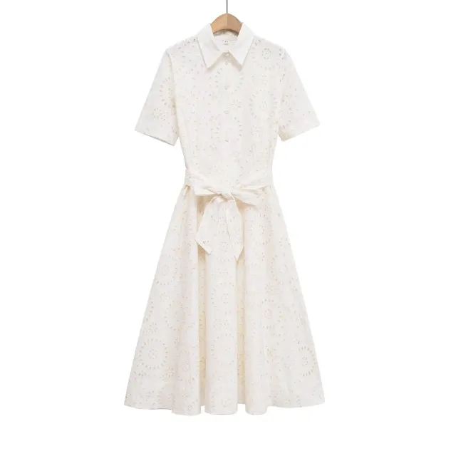 Poplin Shirt style Lace up Embroidery Dress White - Shop at LoveMi