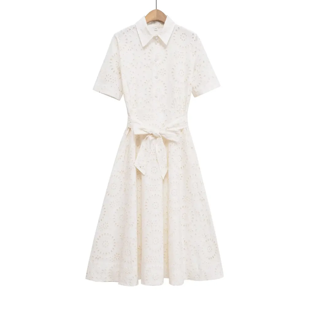 Poplin Shirt-style Lace-up Embroidery Dress - White