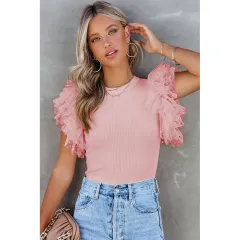Spring And Summer New Knitted Stitching Mesh Ruffle Sleeve Top European And American Solid Color Round Neck Pullover - Pink - View 1