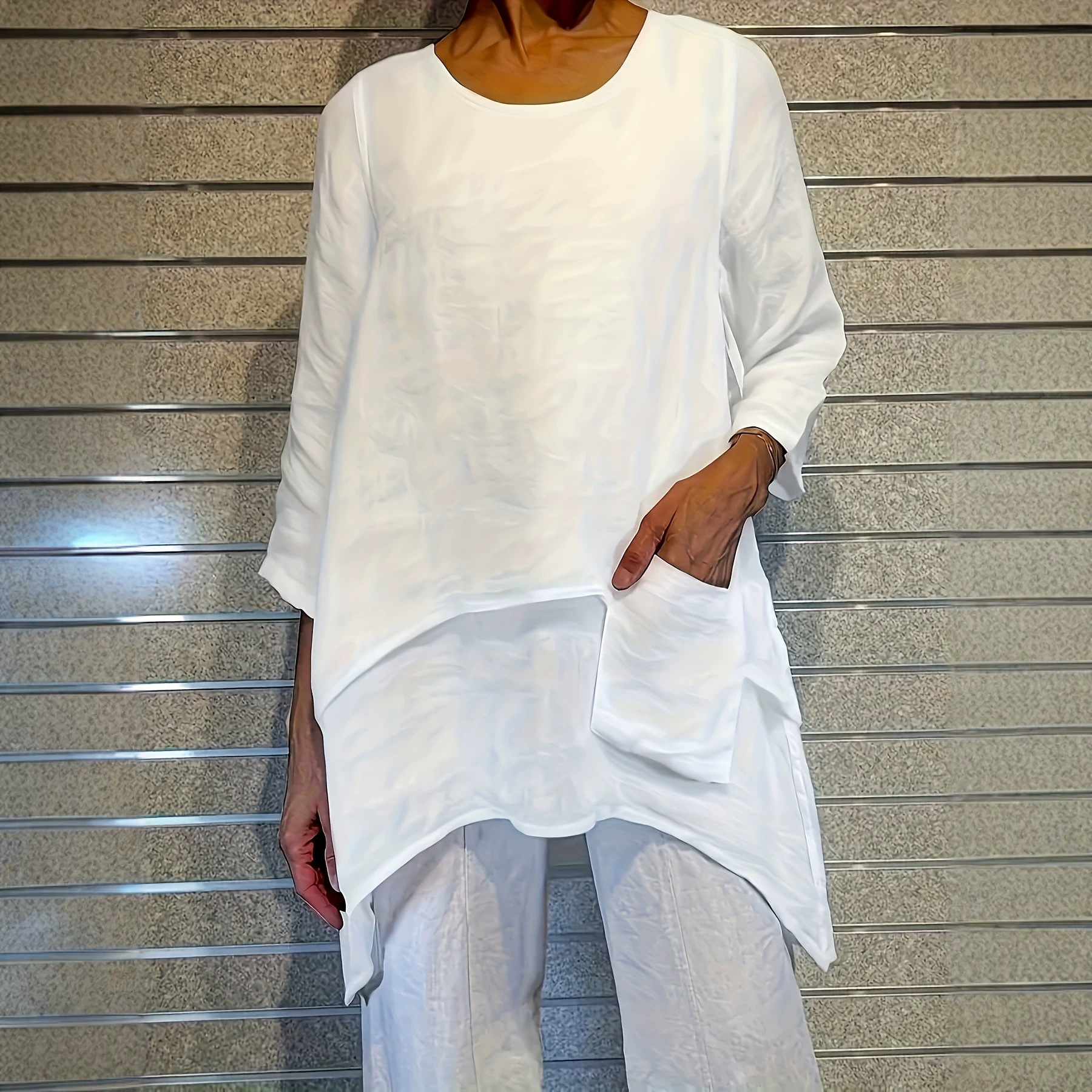 Womens Plus-Size Elegant Loose-Fitting Crew-Neck Long-Sleeve Top product image