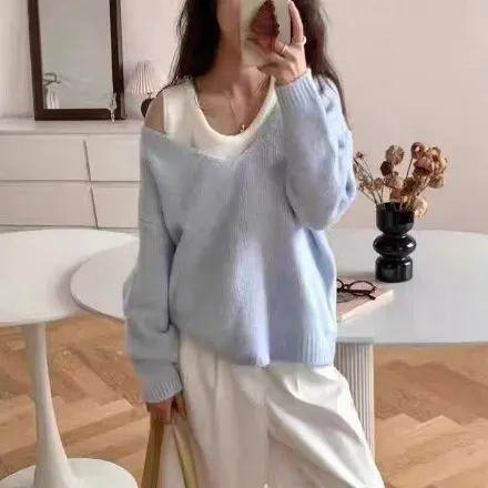 Bandage Dress Knitted Vest Soft Glutinous Loose fitting Long Sleeve Sweater Two piece Set Blue - Shop at LoveMi