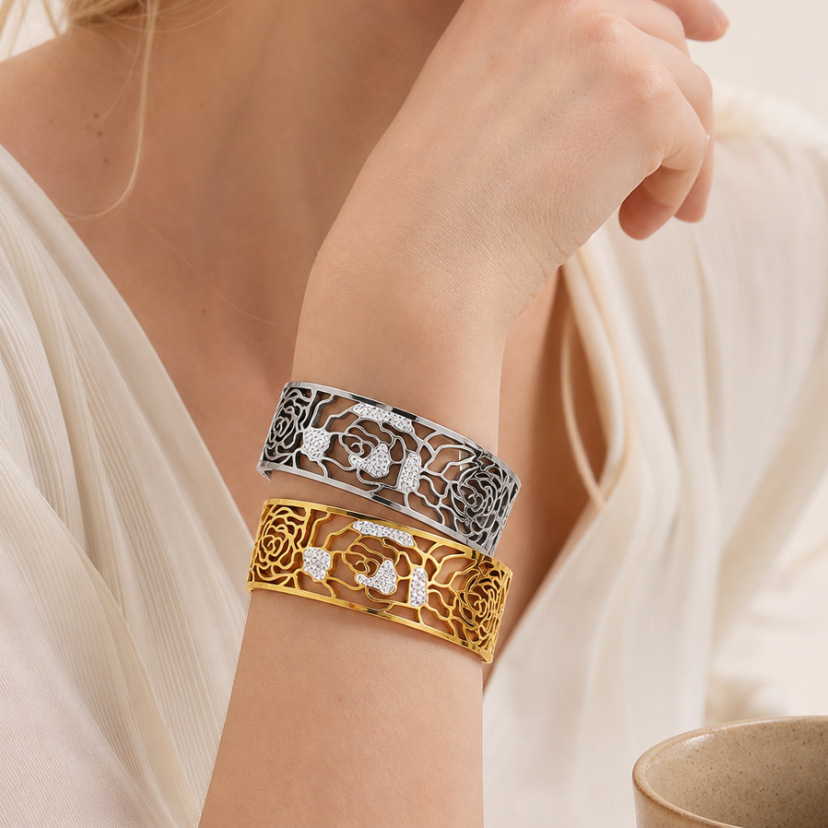 Wide Hollow Stainless Steel Bracelet
