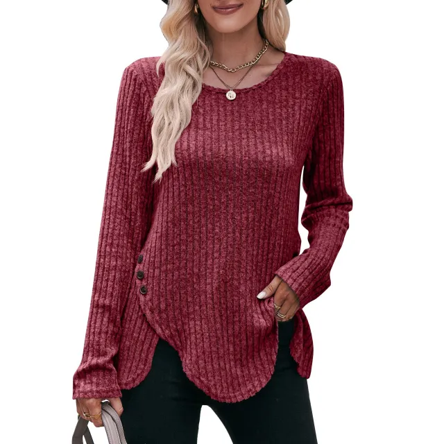 Women's Round neck Sunken Stripe Brushed Solid Color Top Wine - Shop at LoveMi