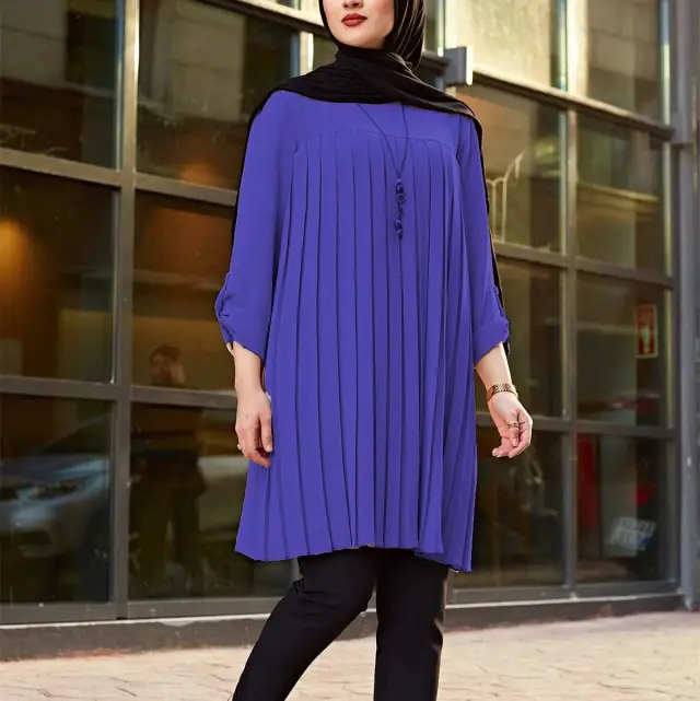 Muslim Women's Wear Casual Pleated Loose Long Sleeve Round Neck Plus Size Top Blue - Shop at LoveMi