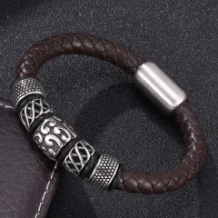 Genuine Leather Woven Stainless Steel Bracelet - Brown Leather Steel Color - View 1