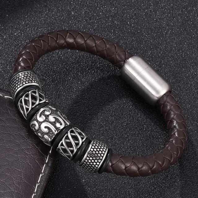Genuine Leather Woven Stainless Steel Bracelet Brown Leather Steel Color - Shop at LoveMi
