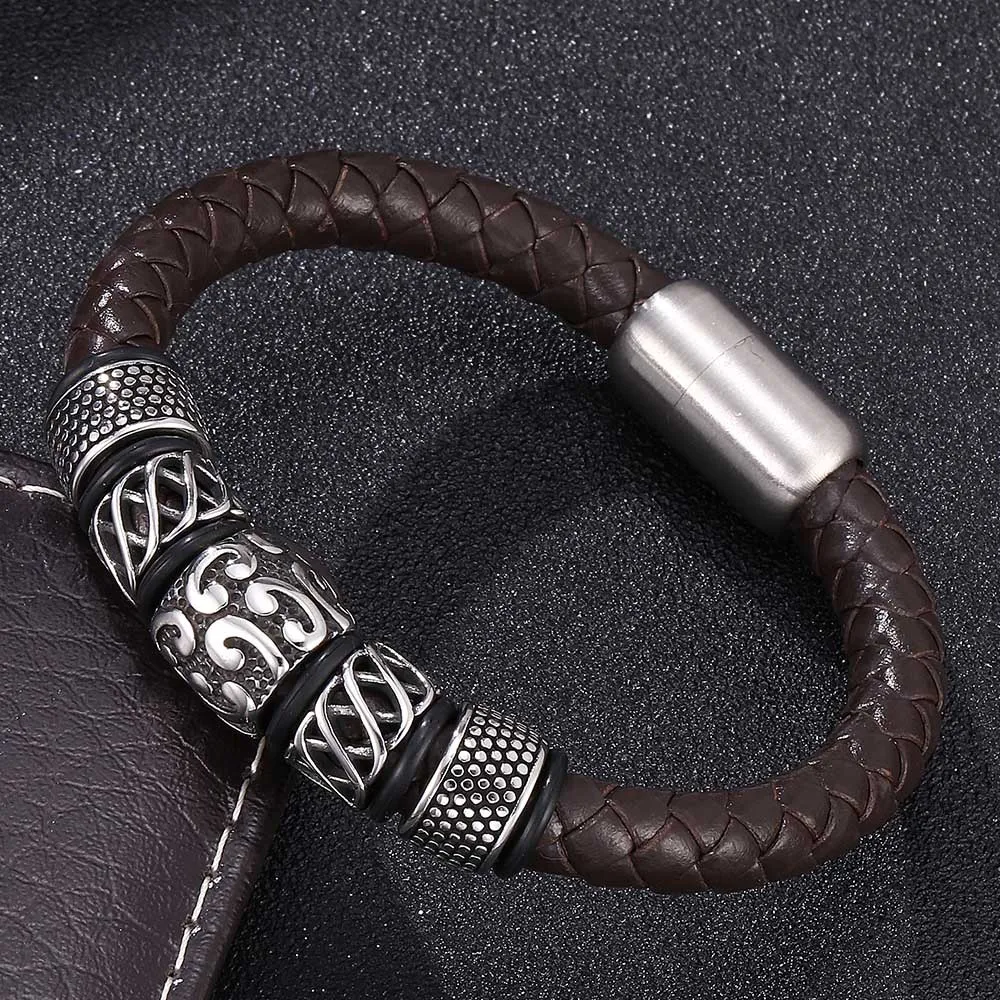 Genuine Leather Woven Stainless Steel Bracelet - Brown Leather Steel Colour