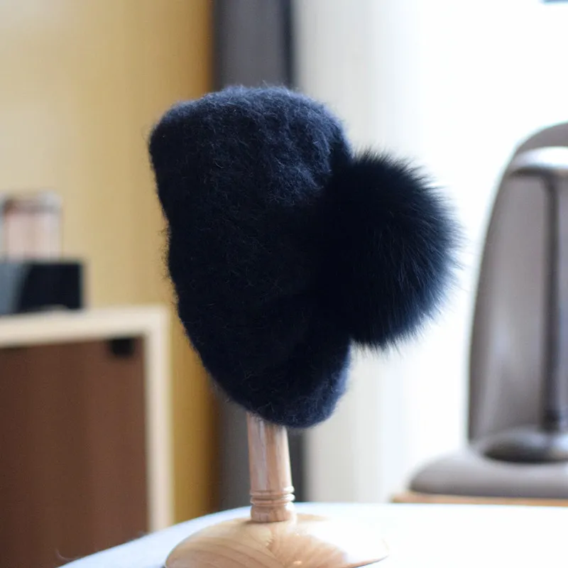Women's Autumn And Winter Fox Fur Ball Knitted Warm Pile Heap Cap - Black