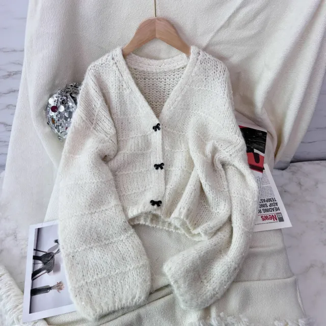 Women's Solid Color Short Casual Loose Knit Cardigan White - Shop at LoveMi