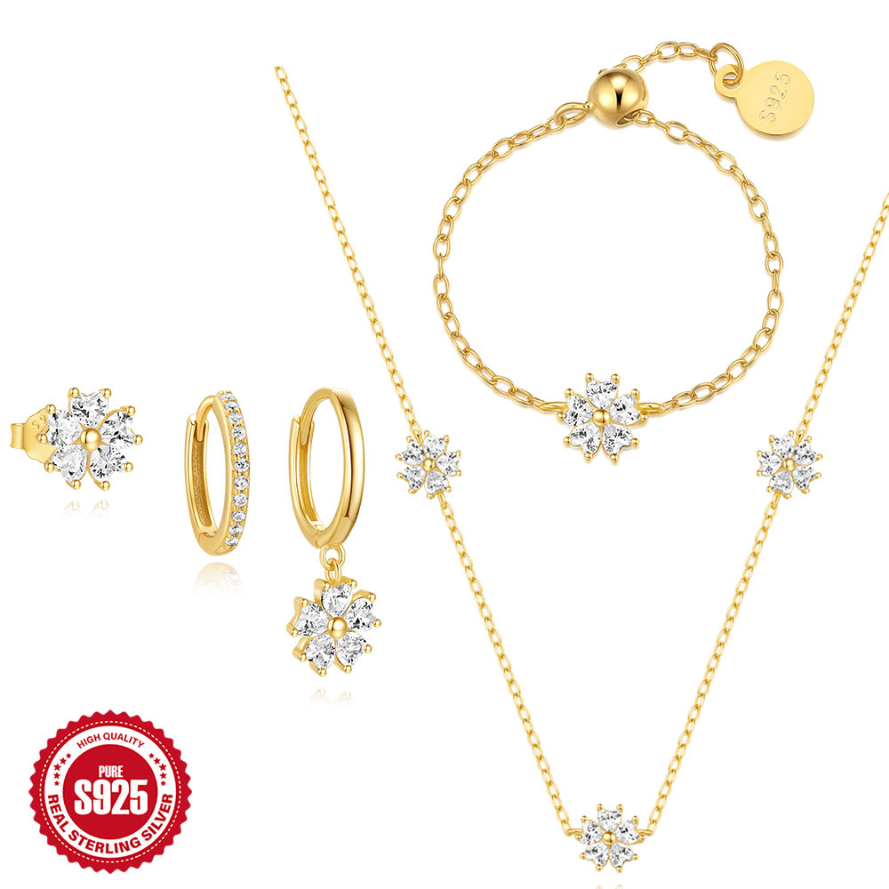 S925 Loving Heart In Sterling Silver Diamond-embedded Petals Elegant Necklace Earrings Ring Set